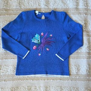 VIVANTI Vintage Blue Floral Embroidered Women's Sweater Small Size 6